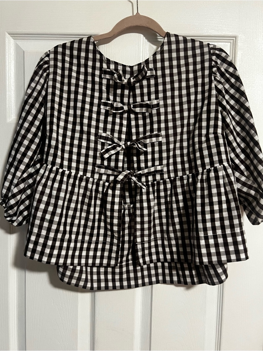 Brown and White Gingham Tie-Front Peplum Blouse